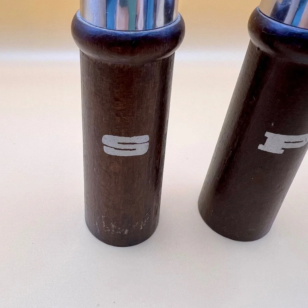 Vintage MCM Dark Wood Chrome Salt & Pepper Shakers Set Made in Japan Retro